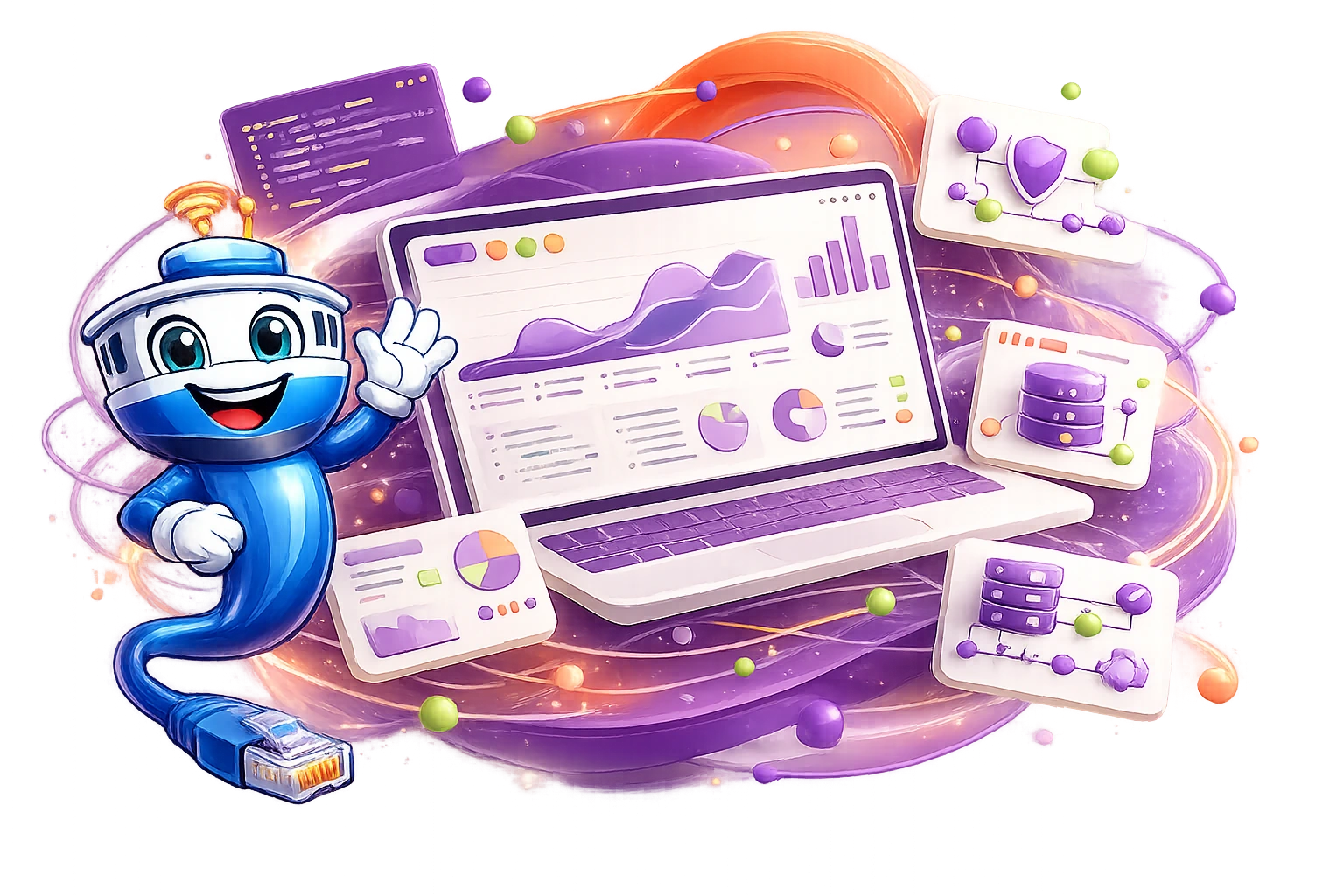 Mascote tecnológico ao lado de um notebook com dashboards, banco de dados e elementos de segurança